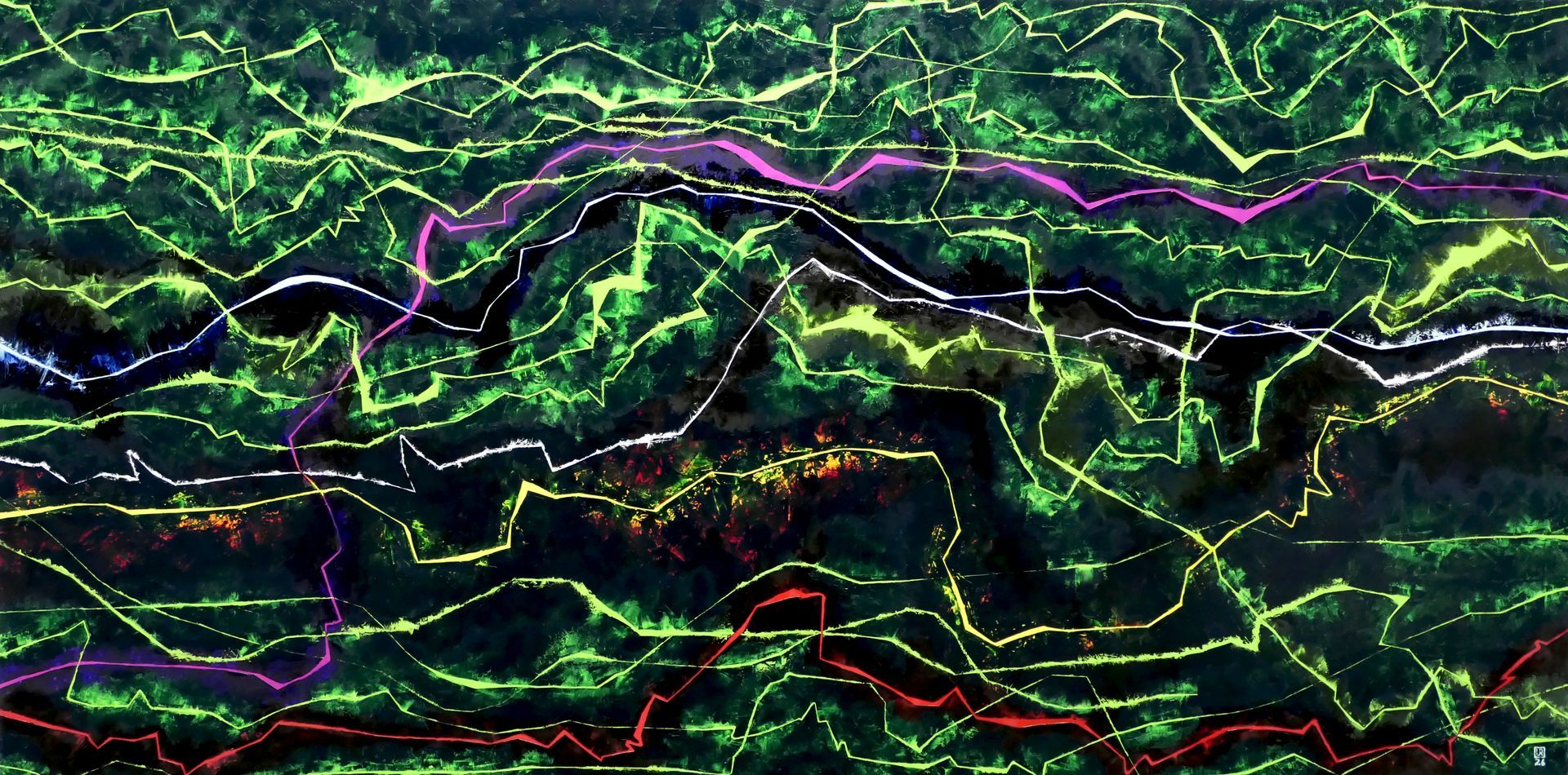 gemaelde in spachteltechnik, oel auf leinwand, gruene linien / risse auf gruenem grund, einzelne farbige linien in rot, magenta, weiss, gelb, von udo rohlfs 2026