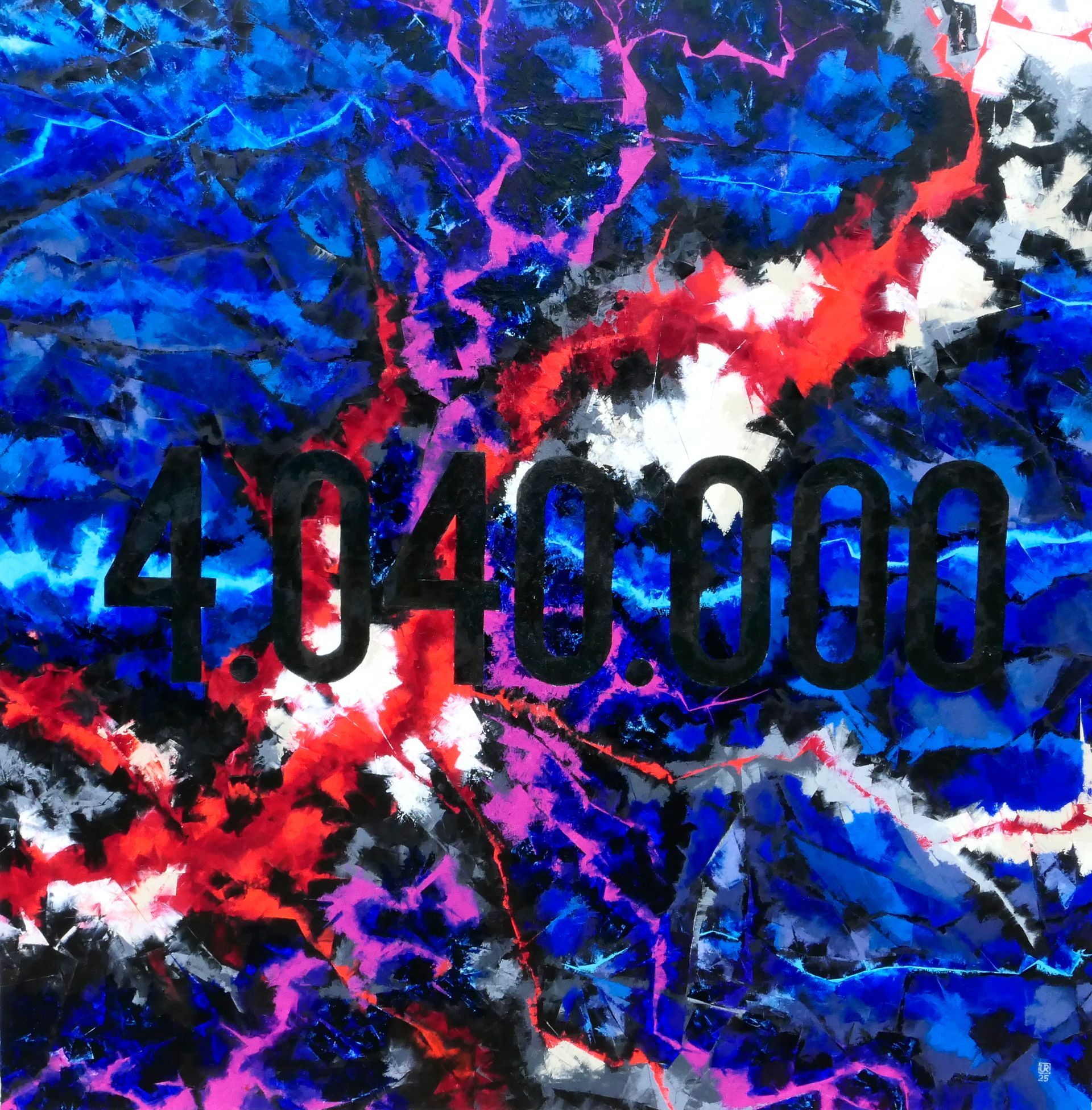 gemaelde in spachteltechnik, oel auf leinwand, rote, magenta und blaue wolken oder blitze oder splitter vor zentraler schwarzer zahl 4.040.000, von udo rohlfs 2025