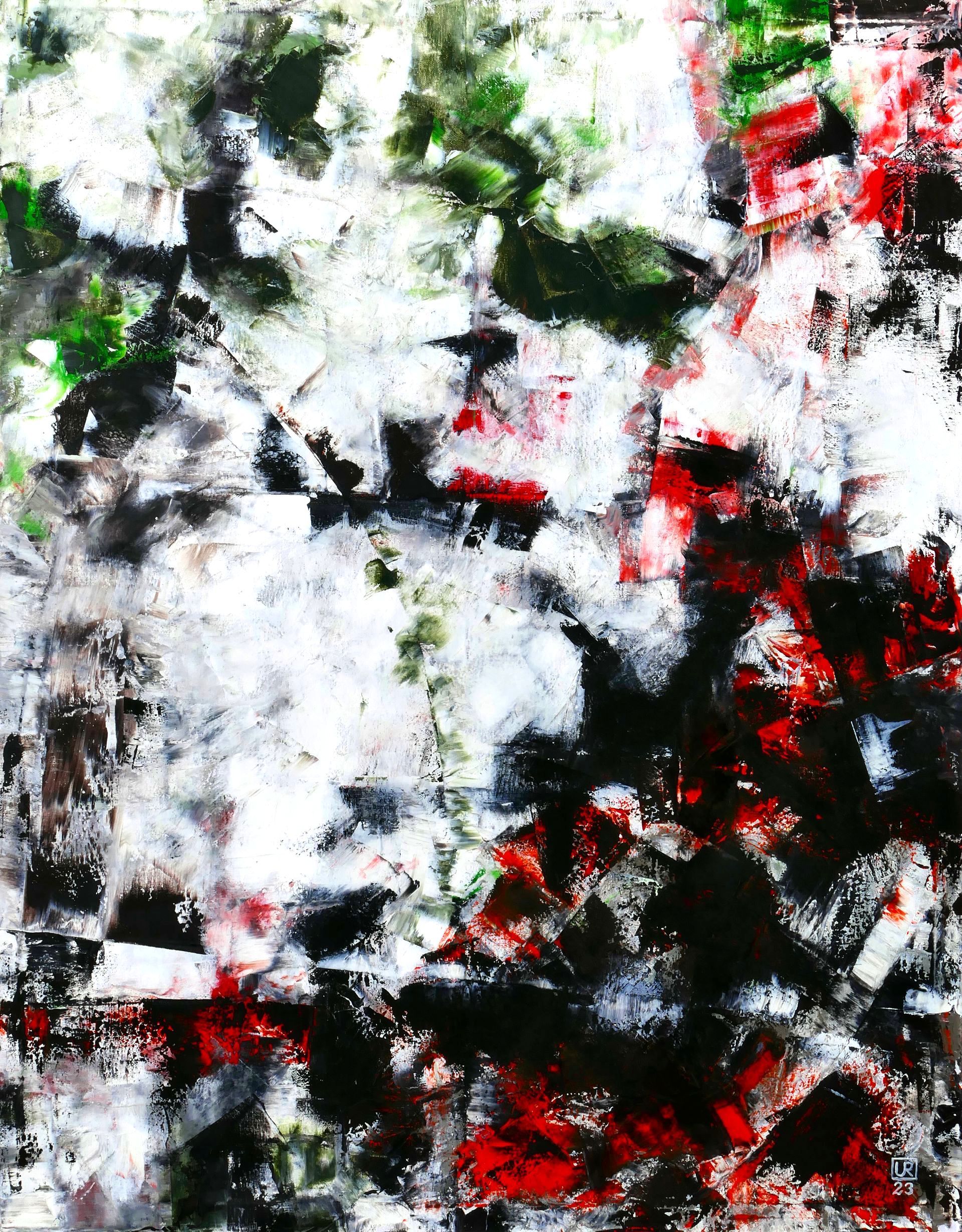 abstraktes gemaelde in spachteltechnik, oel auf leinwand, wie splitter scherben fetzen in weiss schwarz rot und gift gruen von udo rohlfs 2023