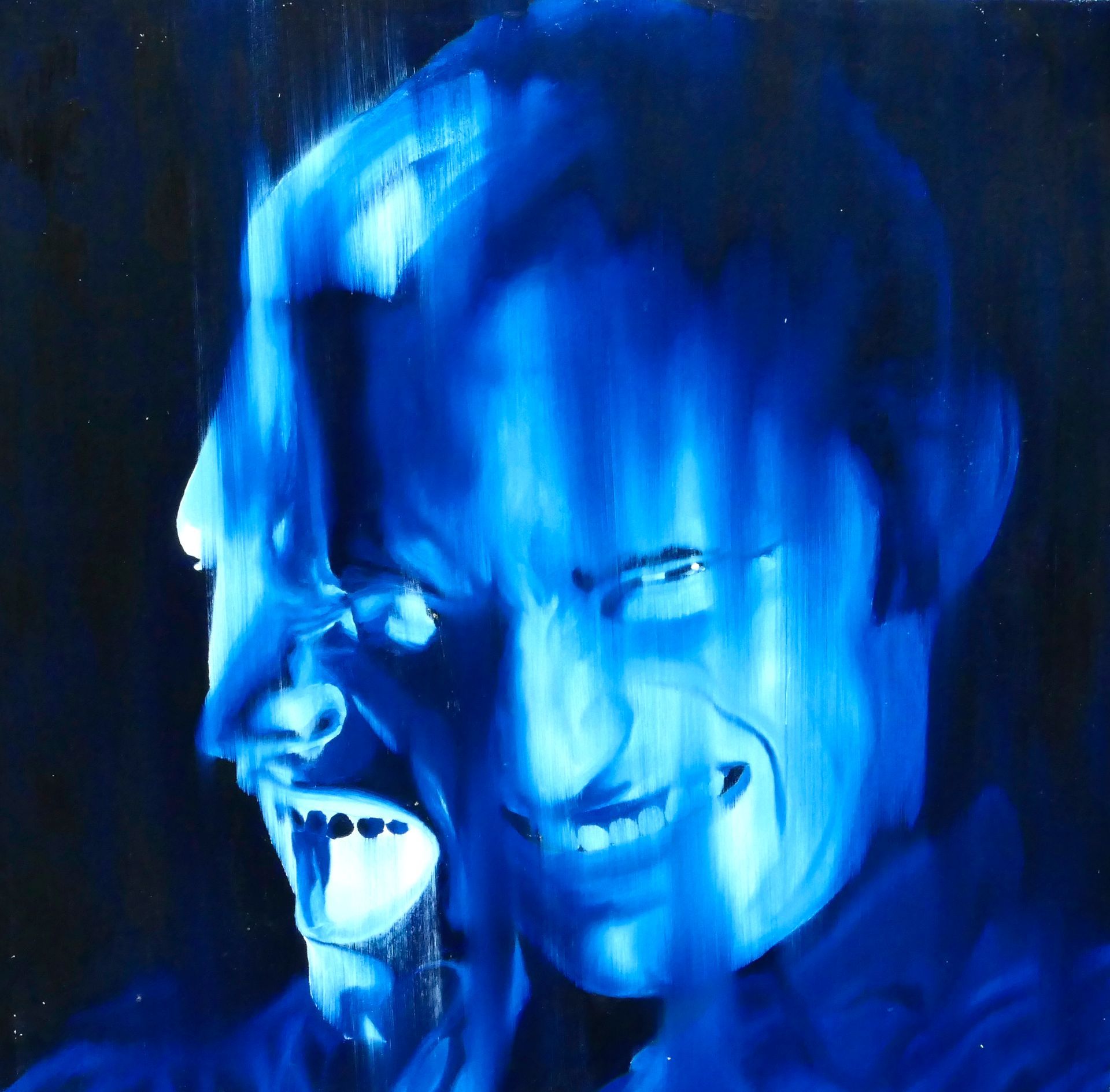 verschachteltes portrait, bei der eine figur den betrachter boese angrinsend und schreiend anschaut, 