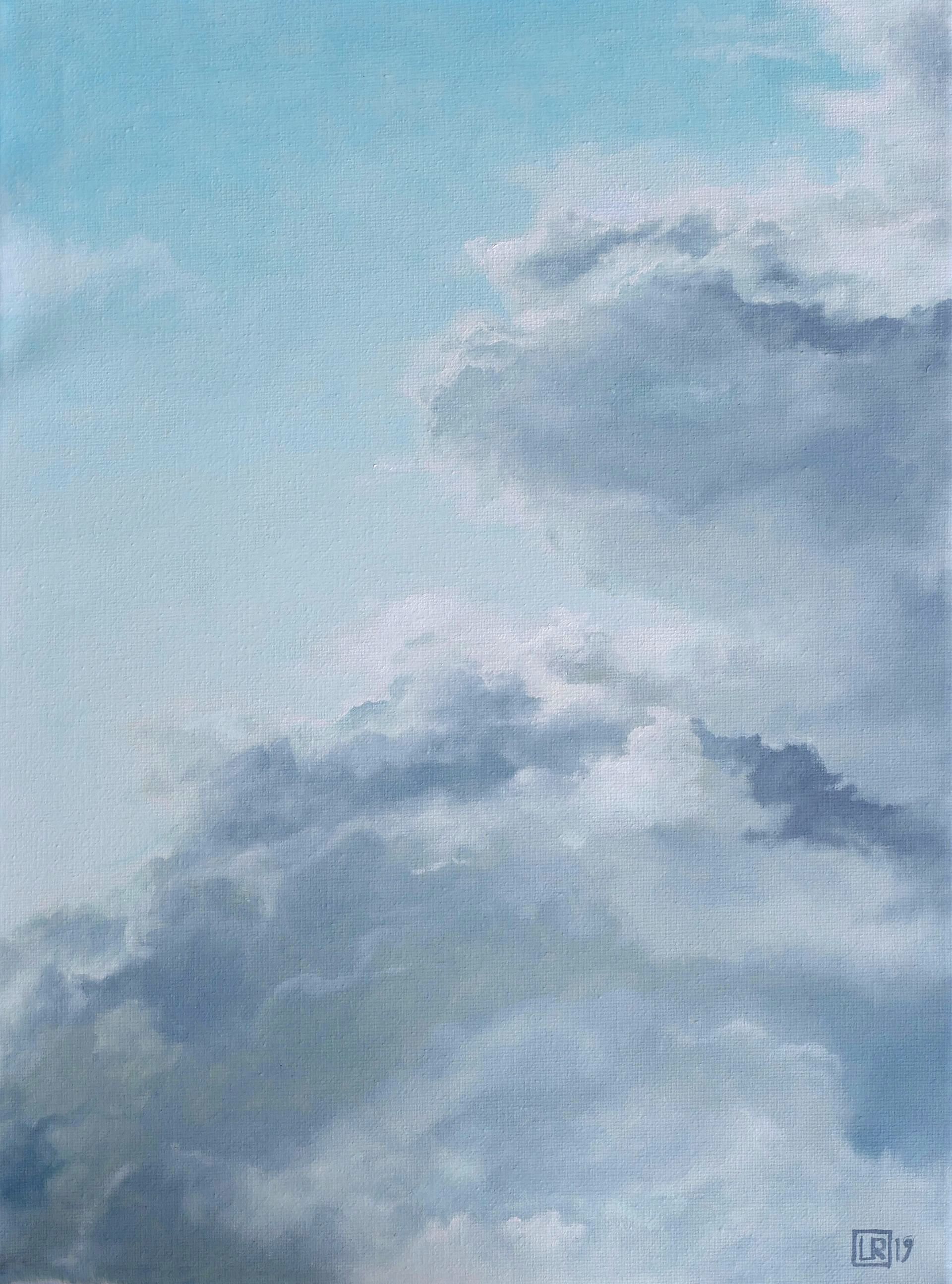 ruhige wolken vor blauem himmel, wolken in der unteren haelfte und oben rechts im bild, gemaelde, oel auf leinwand, cirrus, von udo rohlfs, 2019