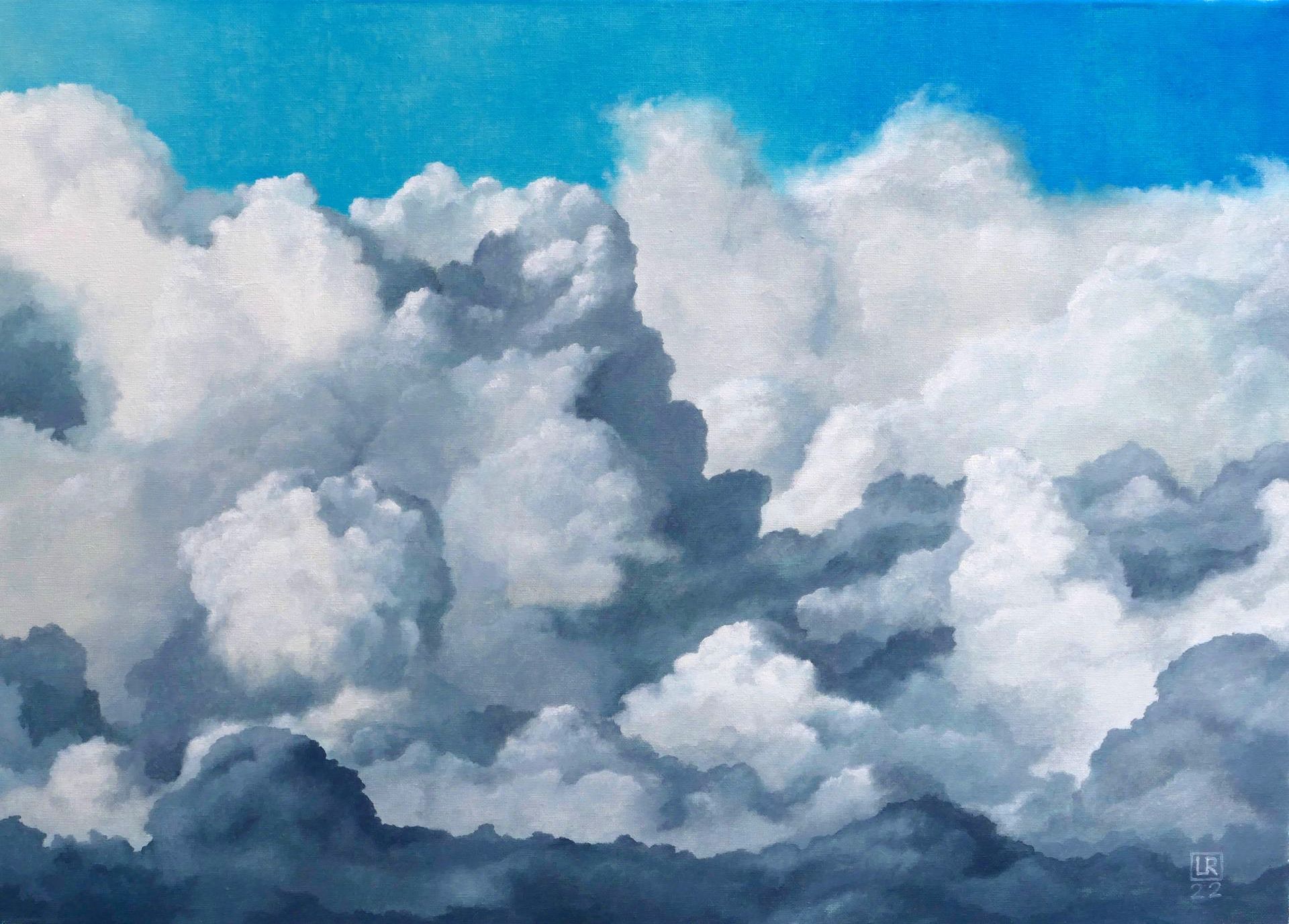 wolken bzw. blick in wolkenmeer unter blauem himmel, cirrus cumulus, gemaelde in oel auf leinwand von udo rohlfs 2022