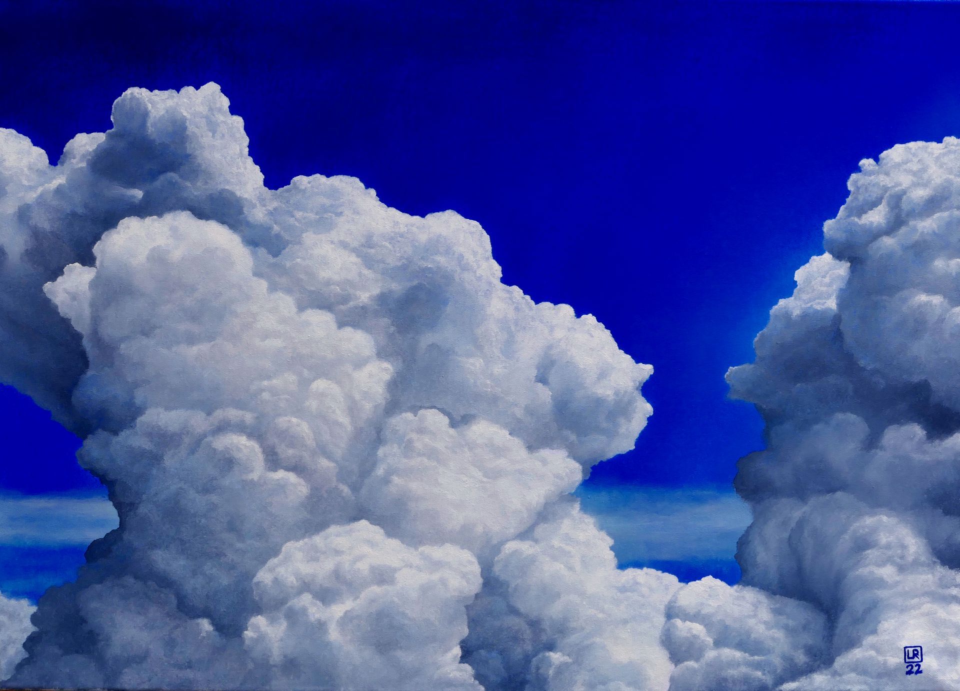 wolkenberge vor blauem himmel, windstill, cirrus cumulus, gemaelde in oel auf leinwand von udo rohlfs 2022