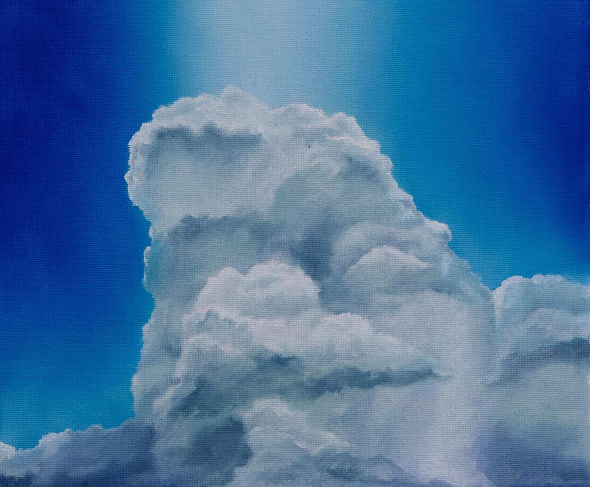 wolkenstudie, wolkenberg mit licht von oben in coelinblau, gemaelde in oel auf leinwand, cirrus cumulus, von udo rohlfs 2022