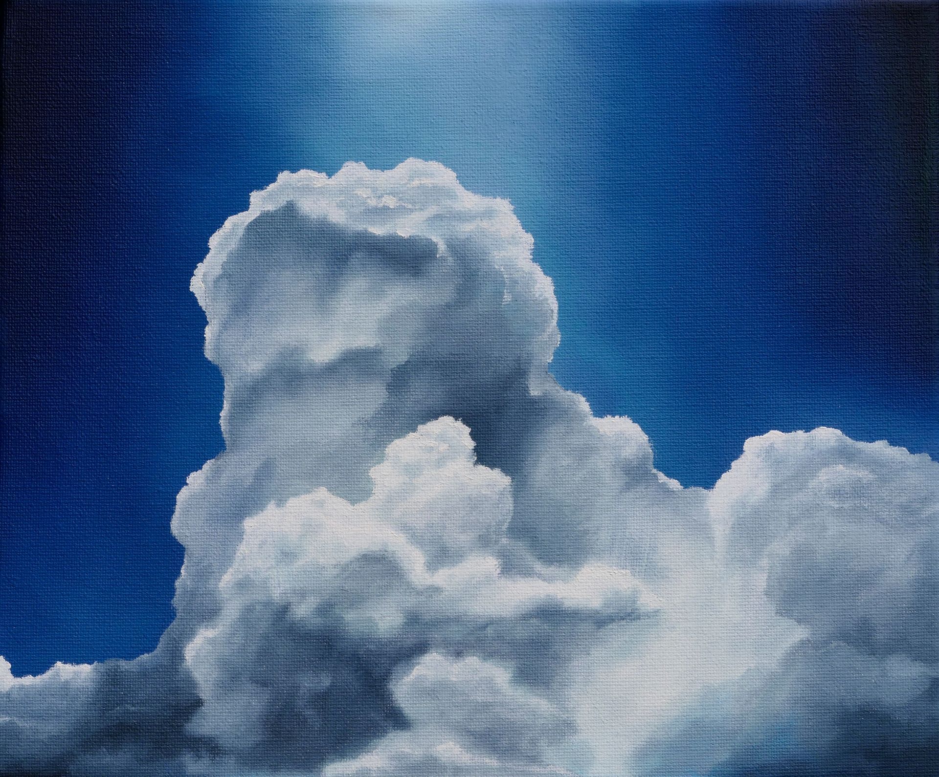 wolkenstudie, wolkenberg mit licht von oben in preussischblau, gemaelde in oel auf leinwand, cirrus cumulus, von udo rohlfs 2022