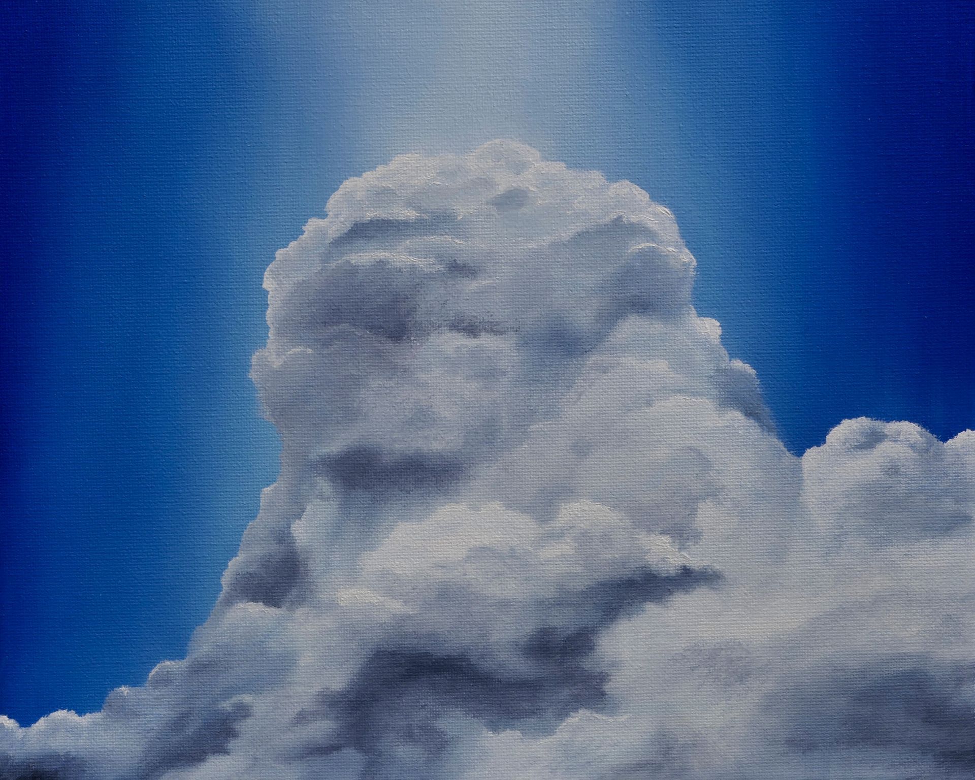 wolkenstudie, wolkenberg mit licht von oben in ultramarinblau, gemaelde in oel auf leinwand, cirrus cumulus, von udo rohlfs 2022