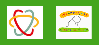 Zwei farbenfrohe Logo-Designs auf weißem Hintergrund, beide mit regenbogenartigen, geschwungenen Linien und stilisiertem Text.