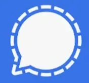Messanger-Dienst SIGNAL ist auch unsere Plattform! Weißes Sprechblasen-Symbol auf blauem Hintergrund