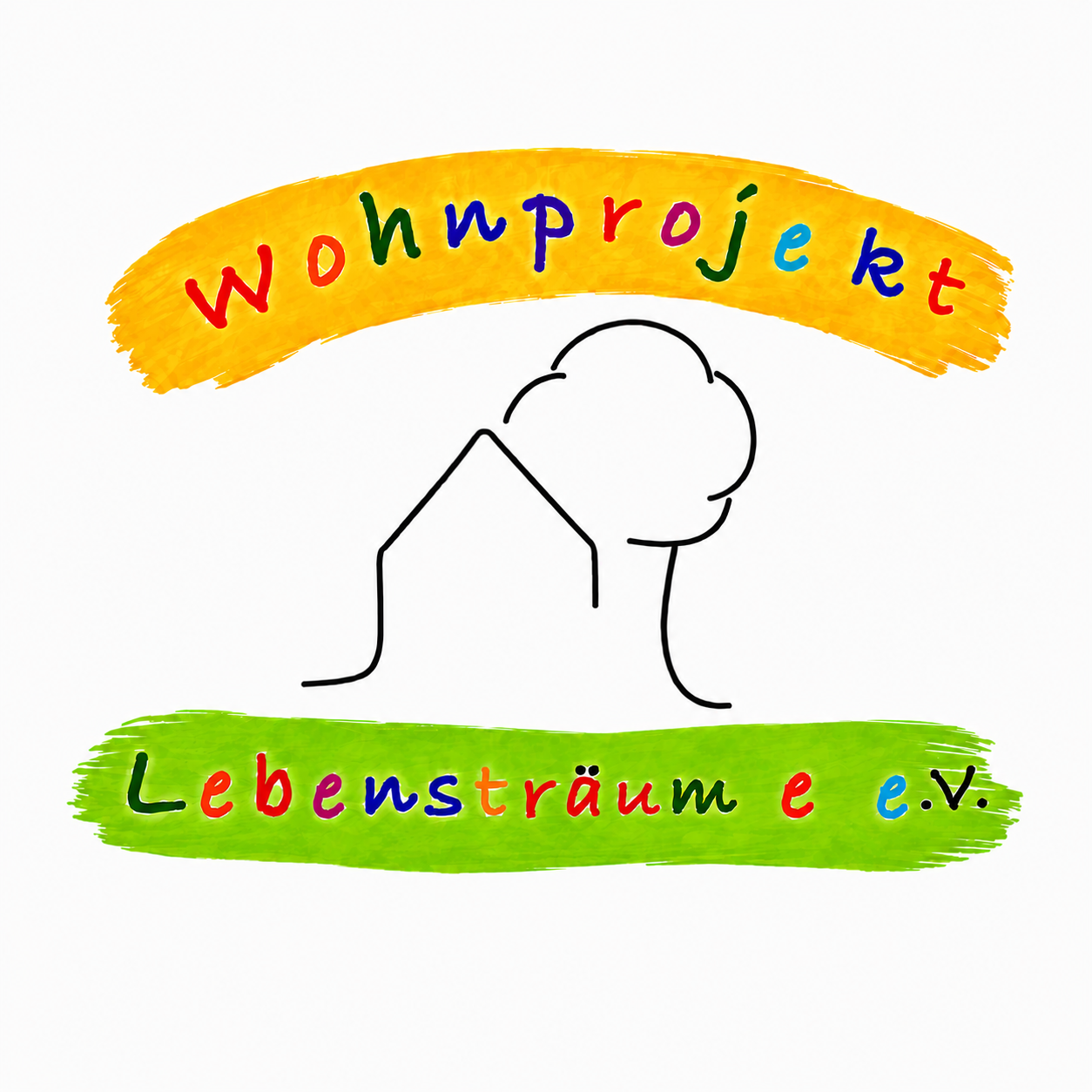 Logo with house outline, rainbow text