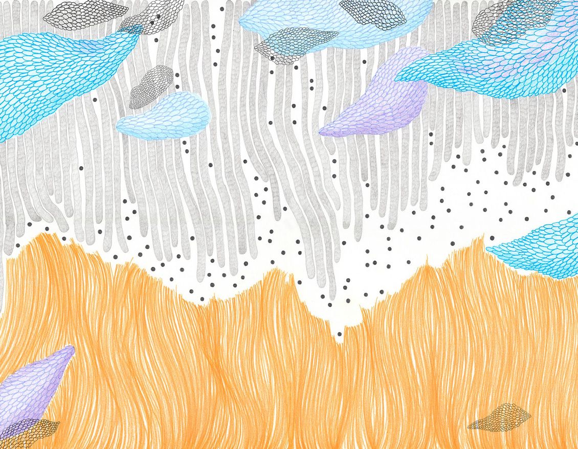 Abstrakte Zeichnung mit Buntstiften in den Farben Grau, Hellblau, Orange, Violett und Schwarz