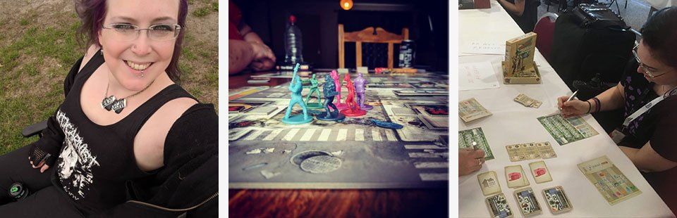 Three Images. First is AJ in a wheelchair, smiling. Second is a close up of the game Zombicide. Third is AJ playing Welcome To