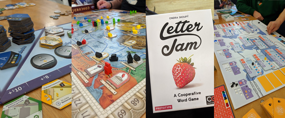 Games I Played at Gaming Rules! Charity Games Day 2019. L - R - Suburbia, Concordia, Letter Jam, Smartphone Inc.