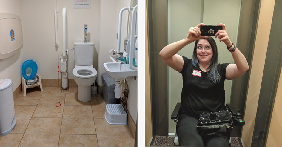 Left image is a photo of the disabled toilet at Gaming Rules Charity Day 2019. Righr image is AJ awkwardly taking a photo in the mirror of the lift at Gaming Rules Charity Games Day 2019!