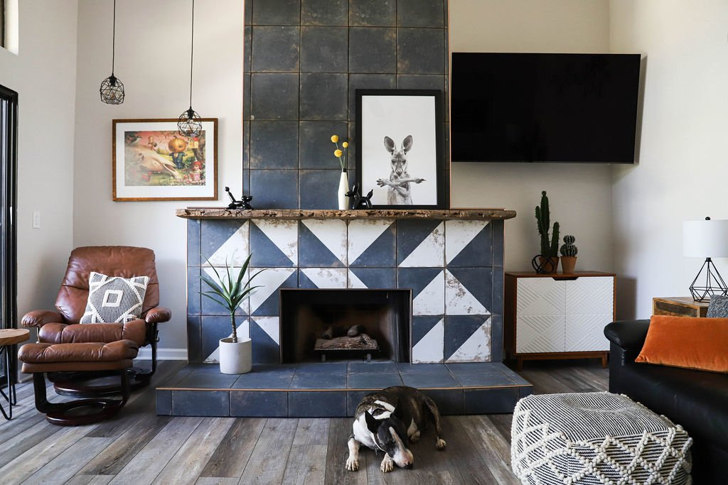 Harley's Desert Hacienda living room + fireplace with Harley