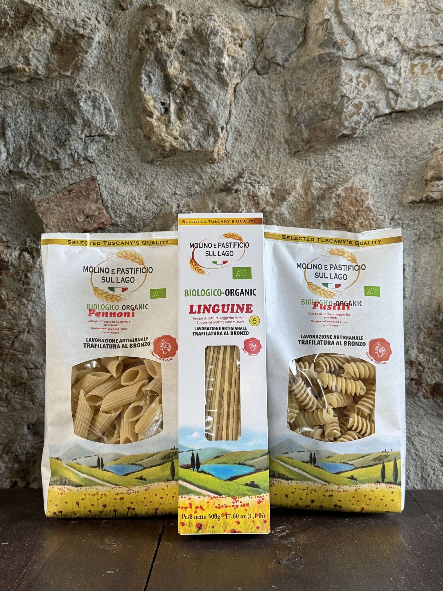 Gruppenbild dreier Nudelverpackungen von Molino e Pastificio sul Lago