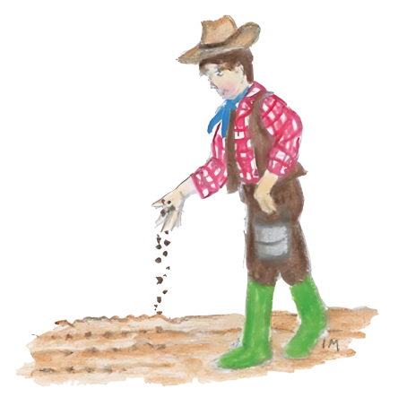 Illustration eines Bauers mit Hut, der Samen aussäht