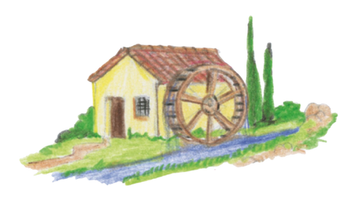Illustration eines Hauses mit einem daran befestigten Mühlrad über einem Bachlauf