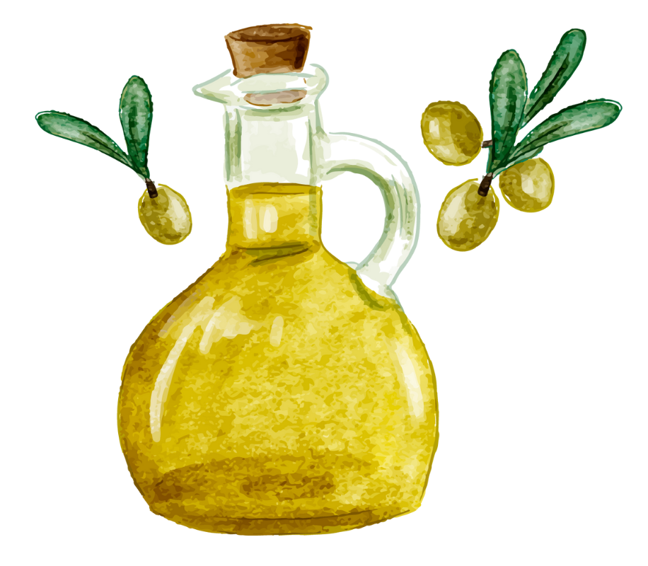 Illustration einer bauchigen Henkelflasche gefüllt mit Olivenöl, die durch einen Korken verschlossen ist