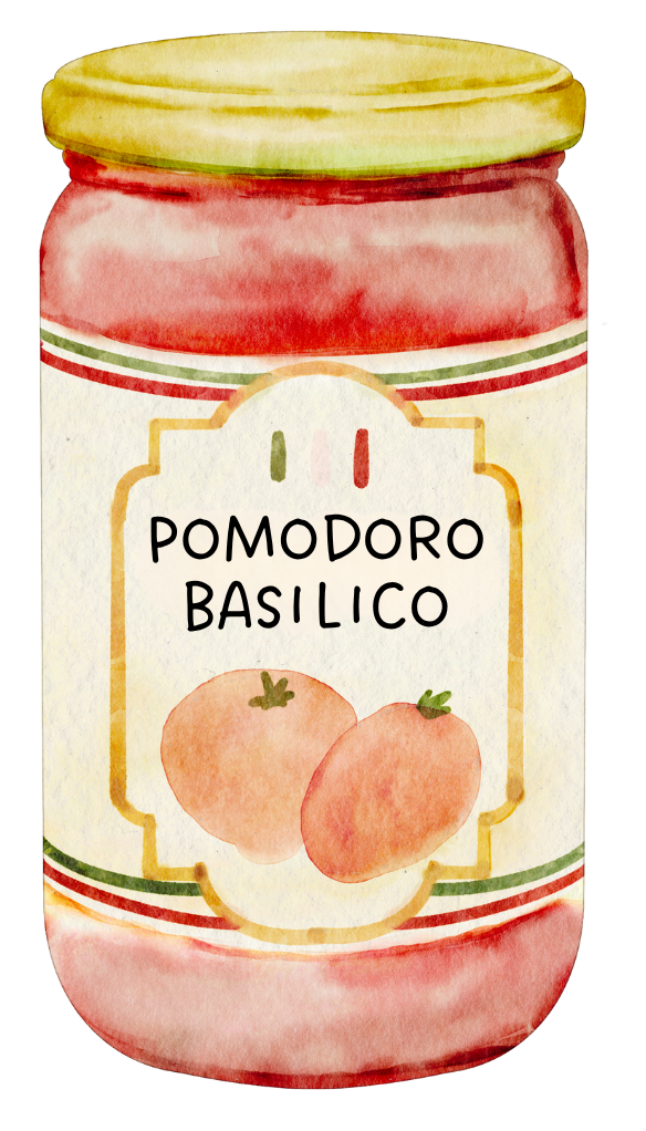 Illustration eines Mehrwegglasses gefüllt mit einer tomatenhaltigen Flüssigkeit und verziert mit einem rustikal Etikett