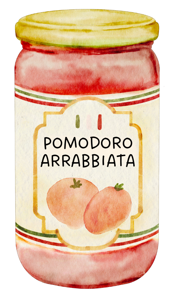 Illustration eines Mehrwegglasses gefüllt mit einer tomatenhaltigen Flüssigkeit und verziert mit einem rustikal Etikett