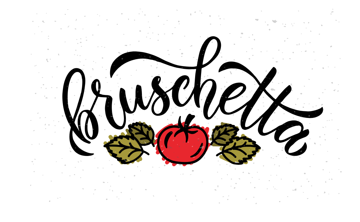 Illustration mit dem Schriftzug Bruschetta mit einer Tomate und Basilikumblättern