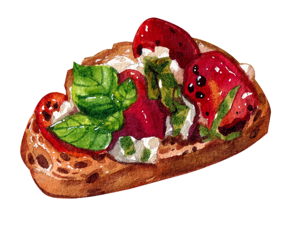 Illustration einer Brotscheibe mit daraufgestrichener Bruschetta und Basilikumblättern