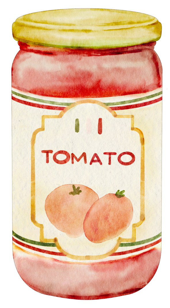 Illustration eines Mehrwegglasses gefüllt mit einer tomatenhaltigen Flüssigkeit und verziert mit einem rustikal Etikett