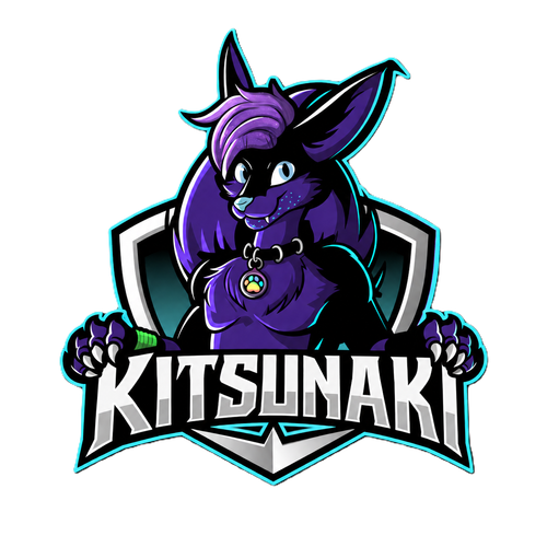 A purple fox on a paleblue shielt holding the logo Kitsunaki in his paws.
