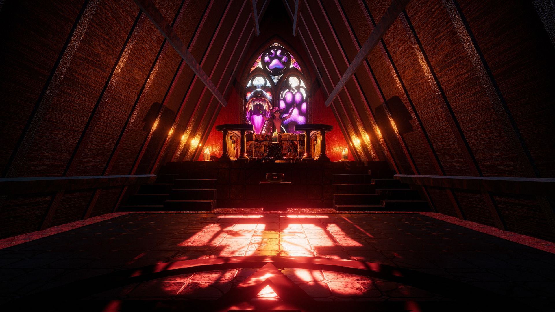 The inner of a spooky forest temple in style of Cult of the Lamb lit throughg a gothic window.