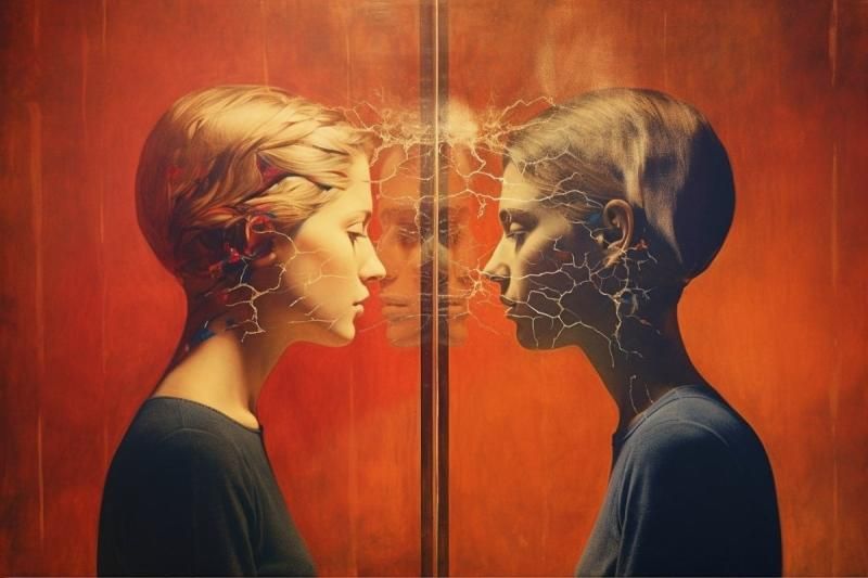 Zwei Gesichter im Profil spiegeln sich in einer leuchtenden vertikalen Linie auf einem rot-orangen abstrakten Hintergrund.