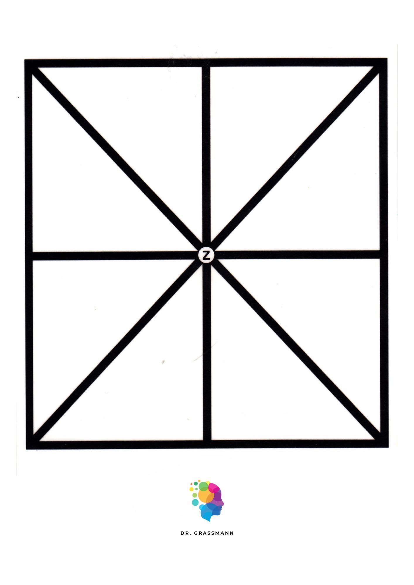 Geometrisches Quadrat in Schwarz-Weiß, dessen Diagonalen und Kreuzlinien im Zentrum zusammenlaufen.