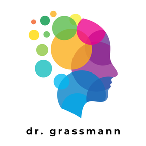 Farbenfrohes, abstraktes Kopf-Silhouette-Logo mit Punkten und dem Text „dr. grassmann“
