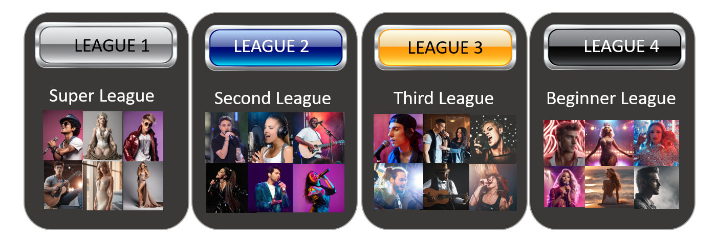 Diagram showing Veetune's Song League structure with four tiers and ranking system based on fan engagement and  performance.