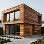 das bild zeigt ein modernes haus mit einer holzfassade