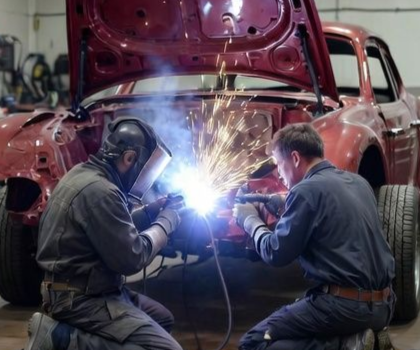 2 Mitarbeiter führen Schweißarbeiten ´zur Restauration eines Fahrzeugs aus.                                                                                                                          