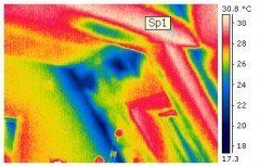 bunte Thermografie Aufnahme einer Zimmerecke zeigt fehlende oder mangelhafte Dämmung