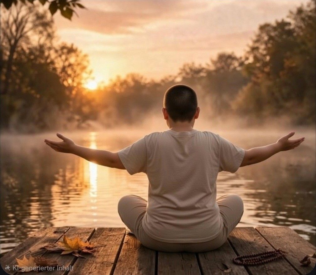 vor einem See mit aufsteigendem Nebel und untergehender Sonne sitzt eine Frau auf einem Steg und hebt einladend die Arme.