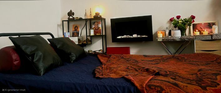 Ein Bett mit Decke in warmen Farben, dahinter ein Regal mit Büchern, Blumen, Kerzen . Geschützter Raum für achtsame Sexualbegleitung