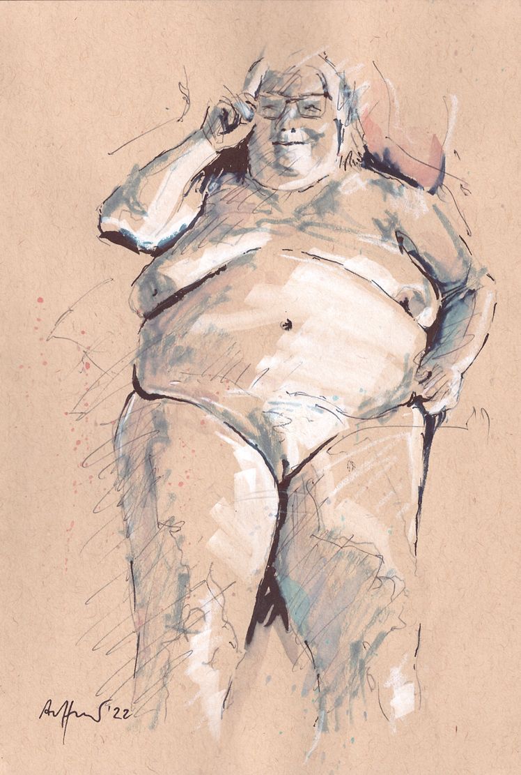 künstlerische Skizze einer auf dem Rücken liegenden mackten alten Frau, mit Brille, Bauch und zur Seite fallenden Brüsten - als Symbol dafür, dass jeder Körper lustvoll schön ist