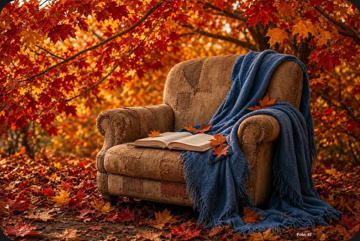 ein alter, gemütlicher, mehrfach liebevoll geflickter Sessel steht unter einem Ahorn in leuchtenden Herbstfarben. Auf dem Sessel liegt eine blaue Wolldecke und ein aufgeschlagenes Buch. Buntes Herbstlaub bedeckt den Boden. Das Bild sympolisiert Wabi Sabi, die Schönheit im Unvollkommenen, im Vergänglichen.