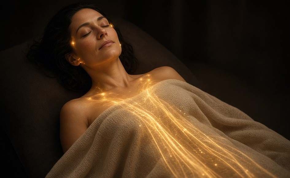 eine Frau liegt entspann mit einem weichen Tuch bedeckt. Lichtpunkte und Energiewellen symbolisieren das Dearmouring.