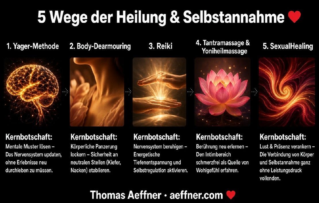 Infografik: 
1	Yager-Methode	Mentale Muster lösen: Das Nervensystem updaten, ohne Erlebnisse neu durchleben zu müssen. (Icon: Sanfte Gehirn-Silhouette mit einem Stern/Lichtpunkt)
2	Body-Dearmouring	Körperliche Panzerung lockern: Sicherheit an neutralen Stellen (Kiefer, Nacken) etablieren. (Icon: Sich öffnendes Schutzschild oder Schloss)
3	Reiki	Nervensystem beruhigen: Energetische Tiefenentspannung und Selbstregulation aktivieren. (Icon: Zwei sanft überlagerte Hände)
4	Tantramassage & Yoniheilmassage	Berührung neu erlernen: Den Intimbereich schmerzfrei als Quelle von Wohlgefühl erfahren. (Icon: Eine abstrakte Lotusblüte)
5	SexualHealing	Lust & Präsenz verankern: Die Verbindung von Körper und Selbstannahme ganz ohne Leistungsdruck vollenden. (Icon: Fließende, unendliche Welle)
