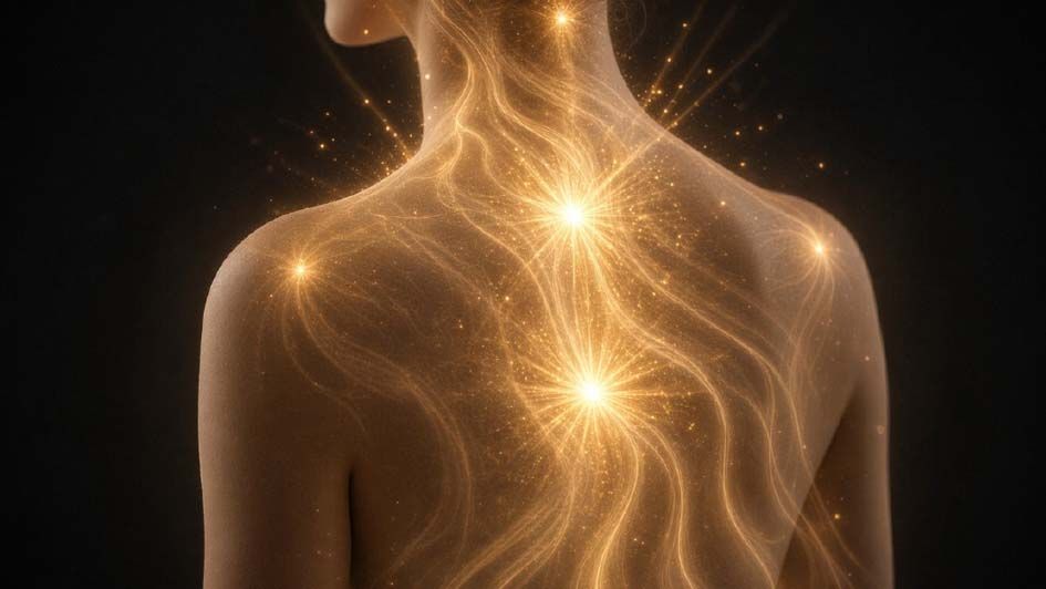 Auf dem Rücken einer Stehenden Person sind Lichtpunkte und Energiewellen dargestellt, als Symbol für die wohltuende Wirkung von Reiki
