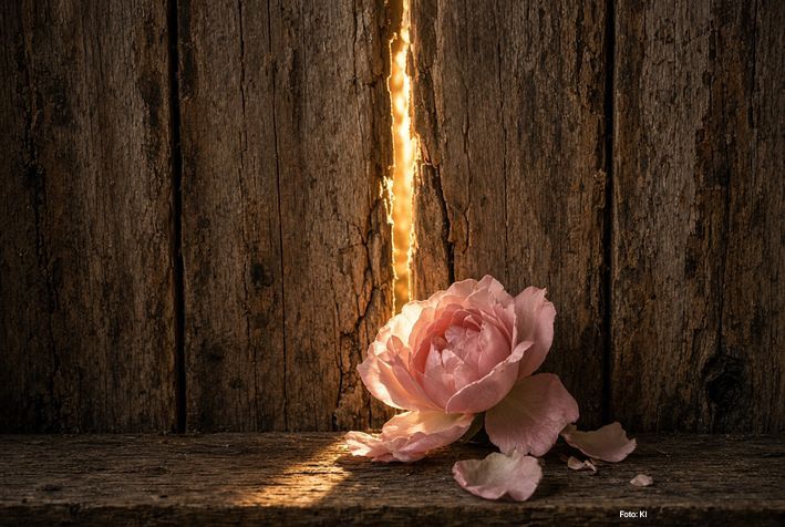 in einer Wand aus alten Brettern ist ein Riss, duch den ein Lichtstrahl auf eine Rosenblüte fällt - Symbol für Wabi Sabi, für den Riss in allem, durch den das Licht in unser Leben hereinscheinen kann.
