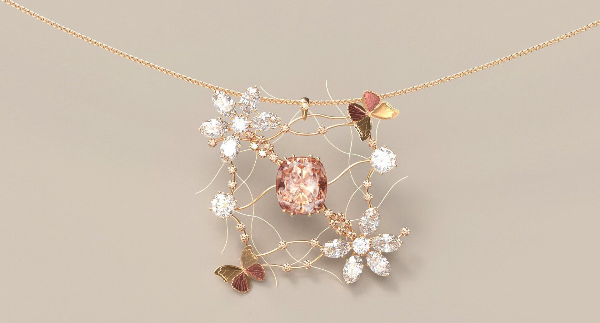 handmade pink diamond pendant with diamond flowers and butterflies