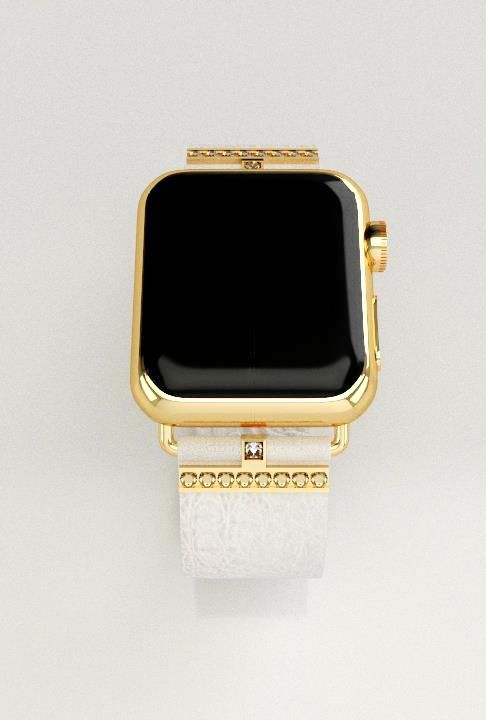 iDress Gold accentuated Apple watch with white embossed leather and diamond details
