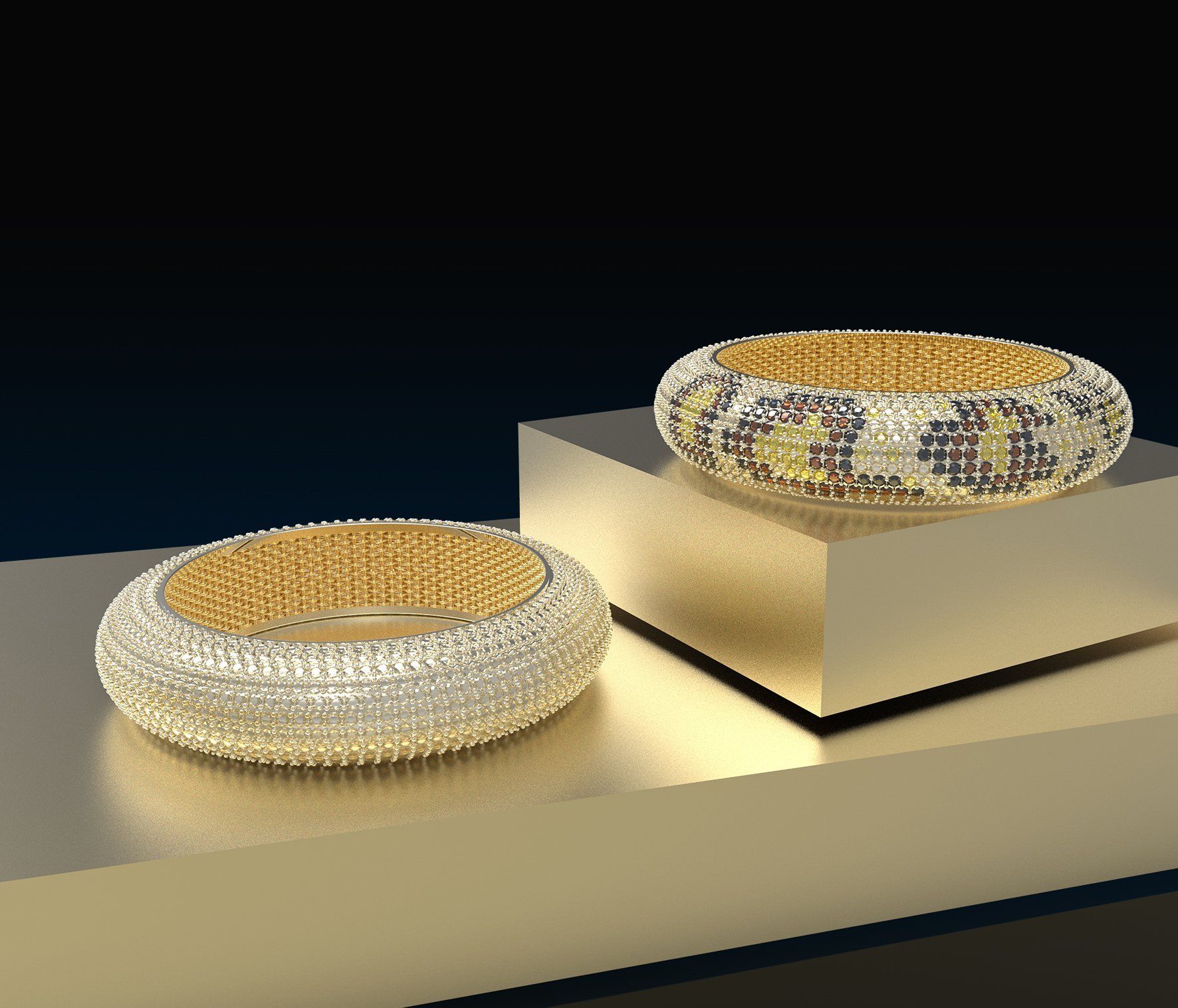 Gold bangles snake skin style with brown and yellow diamonds