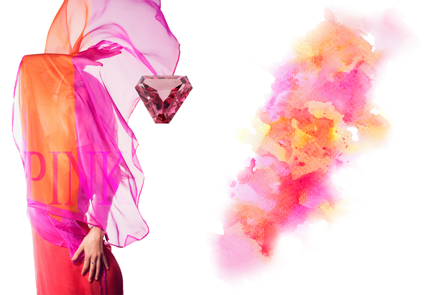 iDress colorful silk designs showing an extravagant lady disguised by a soft pink silk scarf throwing a silk beachdress in the air with a pink trillium cut diamond and a splash of orangy-pinkish aquarell