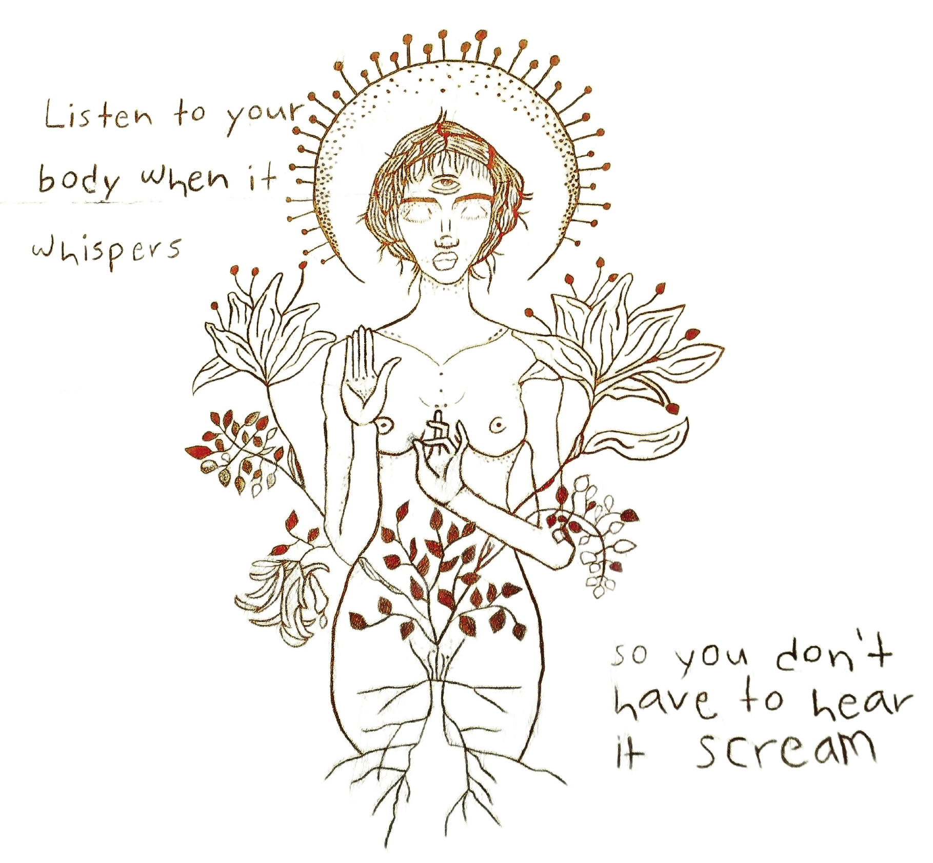 Illustration einer spirituellen Frau und dem Text: „listen to your body when in whispers,so you don't have to hear it scream“