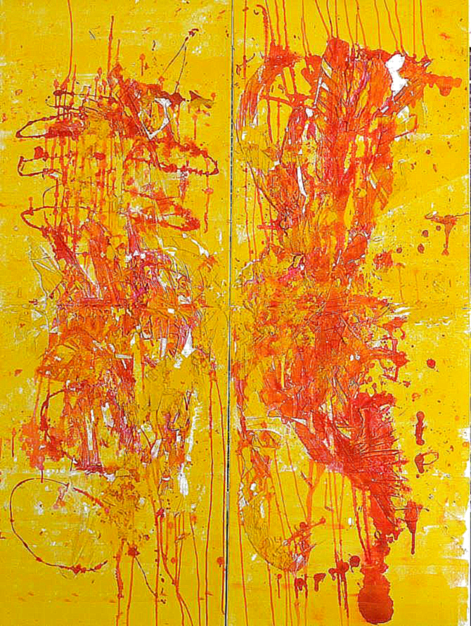 Abstraktes Diptychon mit roten und orangen Farbtropfen auf gelbem Grund.